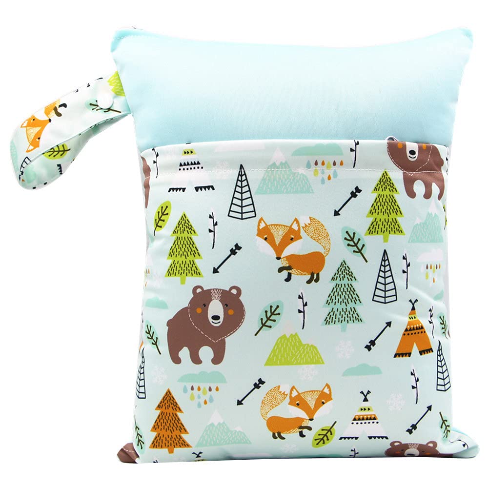 Treer Dry Wet Bag Baby Nappy Organizer Bag Large Double Zipper Reusable Waterproof Cute Animals Print Baby Carriage Hanging Bag, for Soiled Baby Items or Wet Clothes Storage (Nordic Forest)