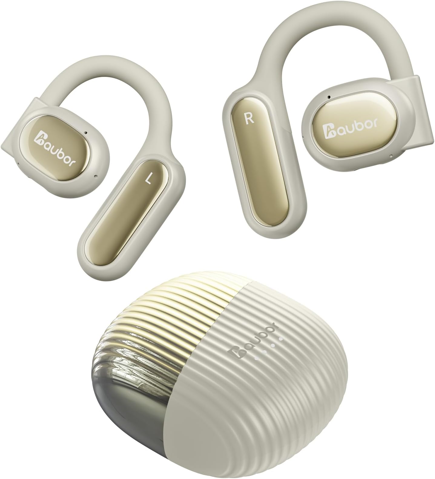 AUBOR Open Ear Headphones, True Wireless Bluetooth Earbuds with ENC Clear Call, Bluetooth 5.3, IPX6 Water-Resistant, Ergonomic Ear Hooks, 45H Playtime, Compatible with iPhone & Android, Beige