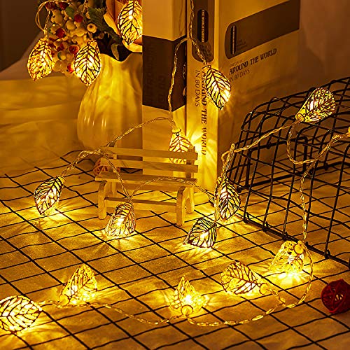 Cadena de luces LED con forma de hoja dorada, 5 m, 50 ledes, USB, decoración para dormitorio, boda, tocador; cadena de luces para balcones, jardines, Navidad, fiestas, bodas Cover