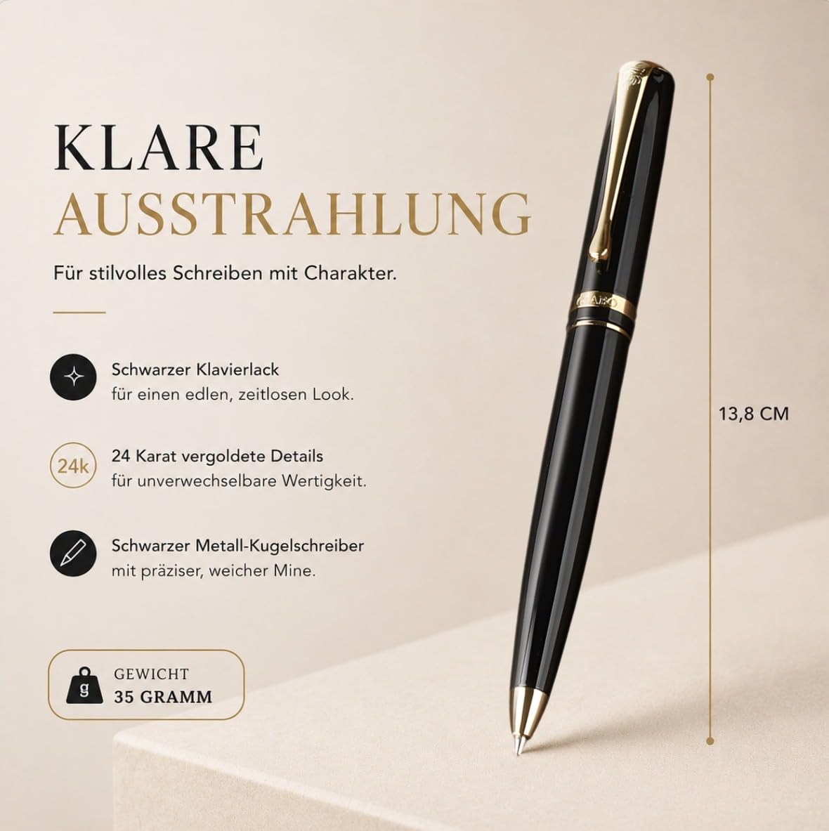 Gíabo Hochwertiger Kugelschreiber in schwarzem Klavierlack mit 24 vergoldeten Details | schwarz schreibend | Metall-Drehkugelschreiber mit Geschenkbox – Ideal für Business, Büro und besondere Anlässe