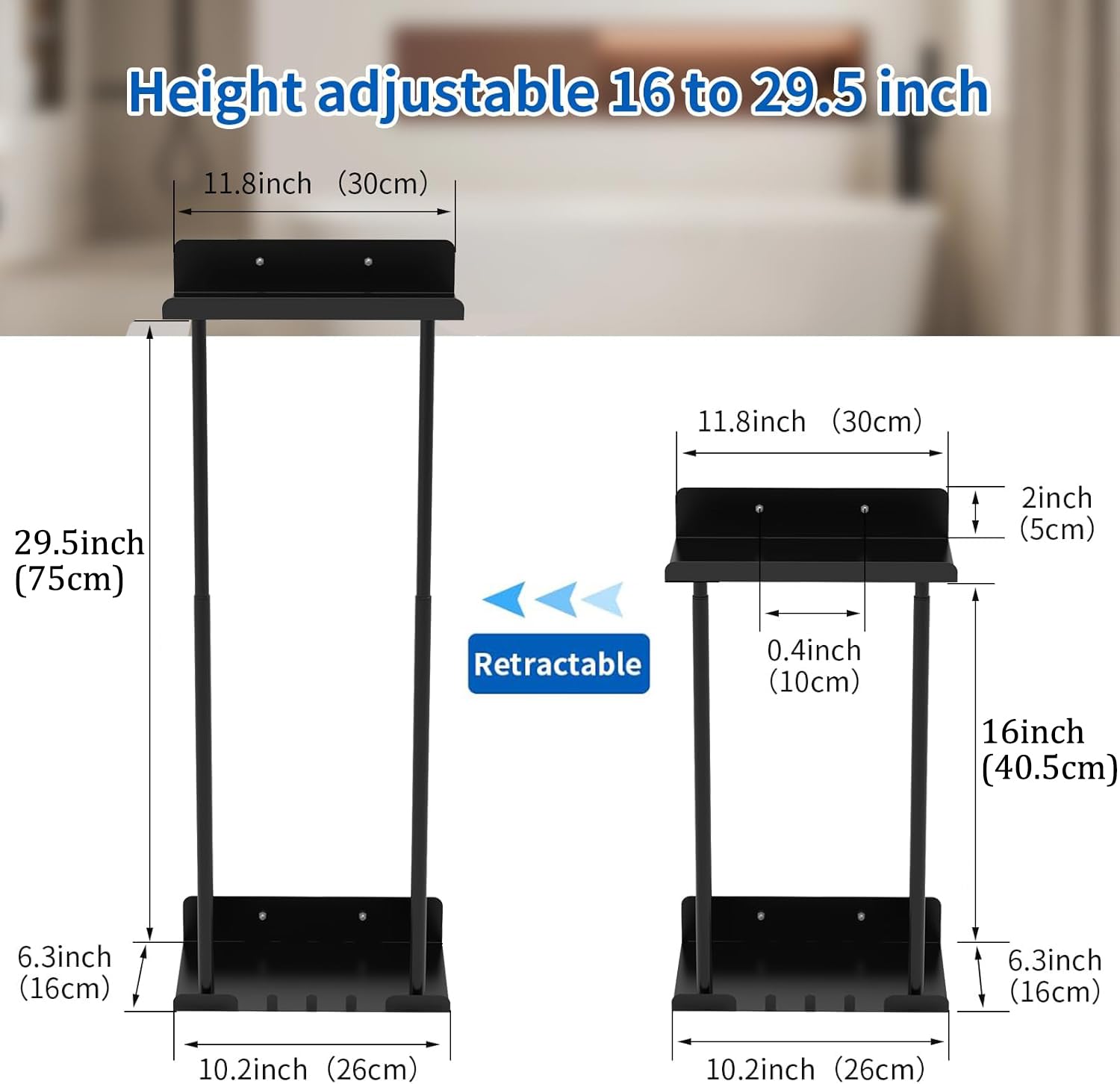Amazon.com: FILTA 浴室毛巾架附壁掛架可伸縮高度30 英吋(約76.2 公分)金屬浴巾架附可靠的掛鉤收納,適用於捲毛巾(黑色) :  居家與廚房
