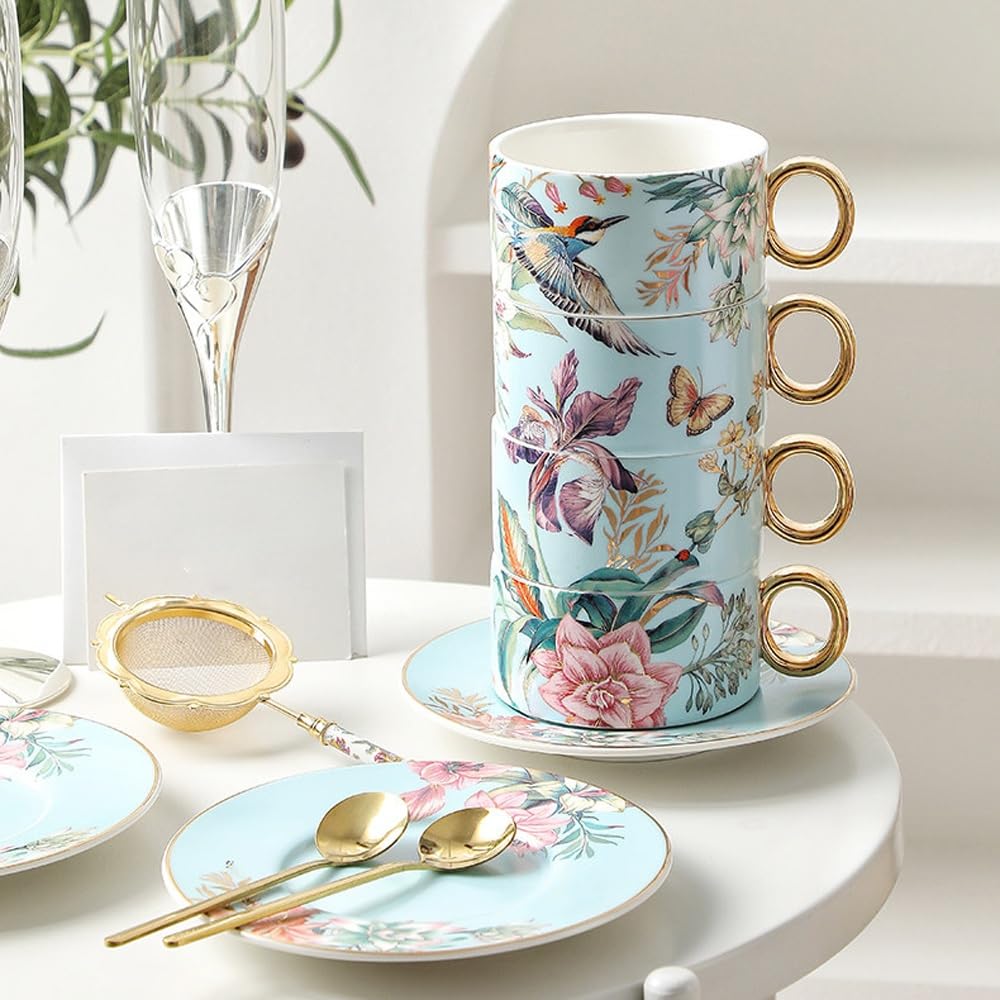 Tazas de café y tazas de café expreso, juego de 4 tazas de café y platillo apilables, juego de tazas de té de cerámica