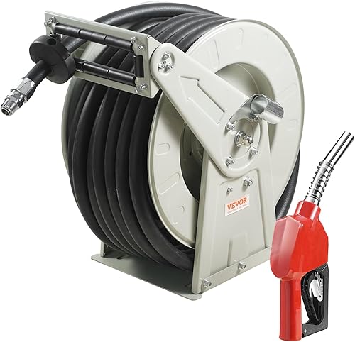 VEVOR Carrete de manguera de combustible, 1 pulgada x 50 pies, carrete de manguera diésel retráctil extra largo, construcción de acero al carbono de