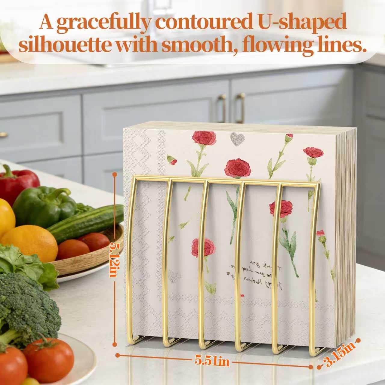 Servilletero de metal moderno dorado para servilletas de papel y cocina, comedor y encimeras, dispensador de servilletas vertical adecuado para todas las decoraciones de habitación (paquete de 1