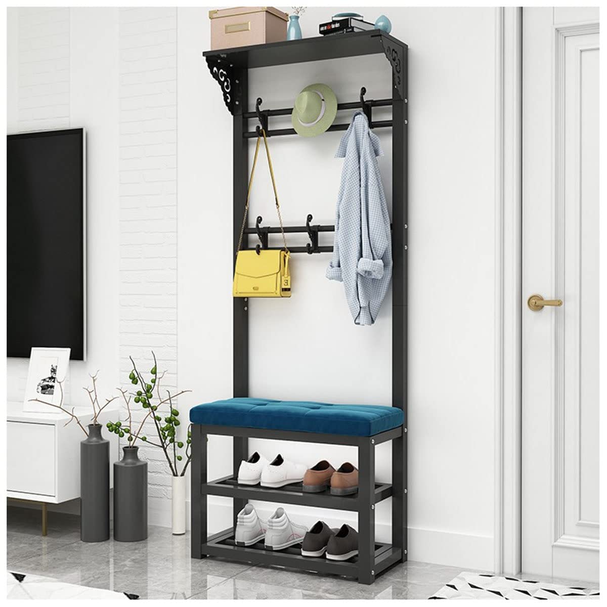 MSHGSKU Multifunctional Coat Rack & Shoe Bench Free Standing Entryway nizer with Hooks 100cm Black & Blue Hallway Storage Solution