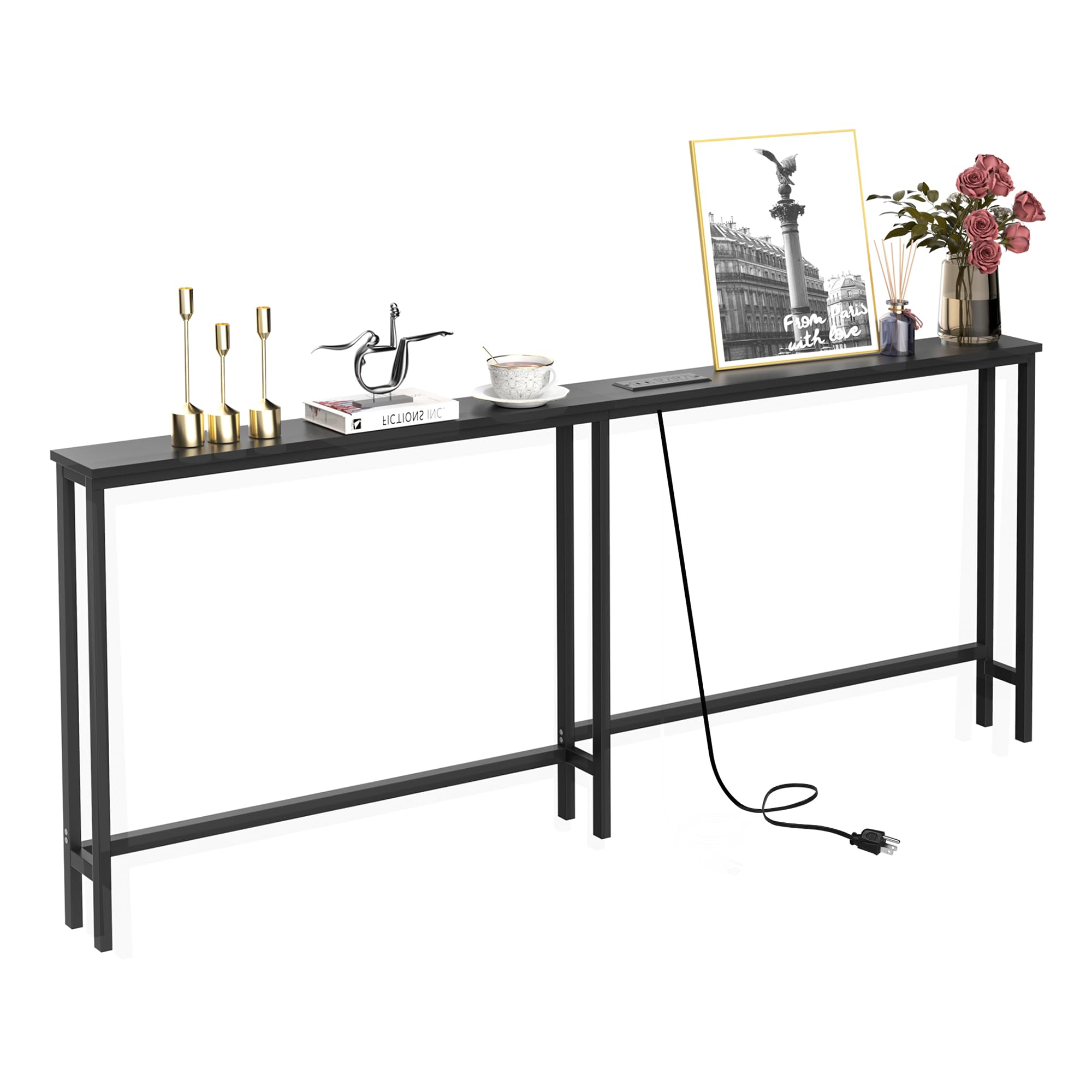 VASMIA 70.9 Inch Narrow Console Table with Outlet,Bamboo Sofa Table,Behind Couch Table,Skinny Hallway Table for Entryway Living Room,Foyer,Black