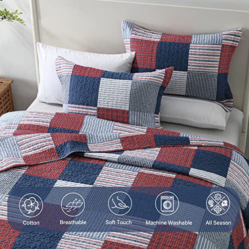 Image of Finlonte Quilts Queen Size - 100% Cotton Queen Comforter Set Blue Red White Plaid Farmhouse Quilt Bedding Set, Reversible Lightweight Soft Bedspread, Quilted Coverlet All-Season, 3-Piece