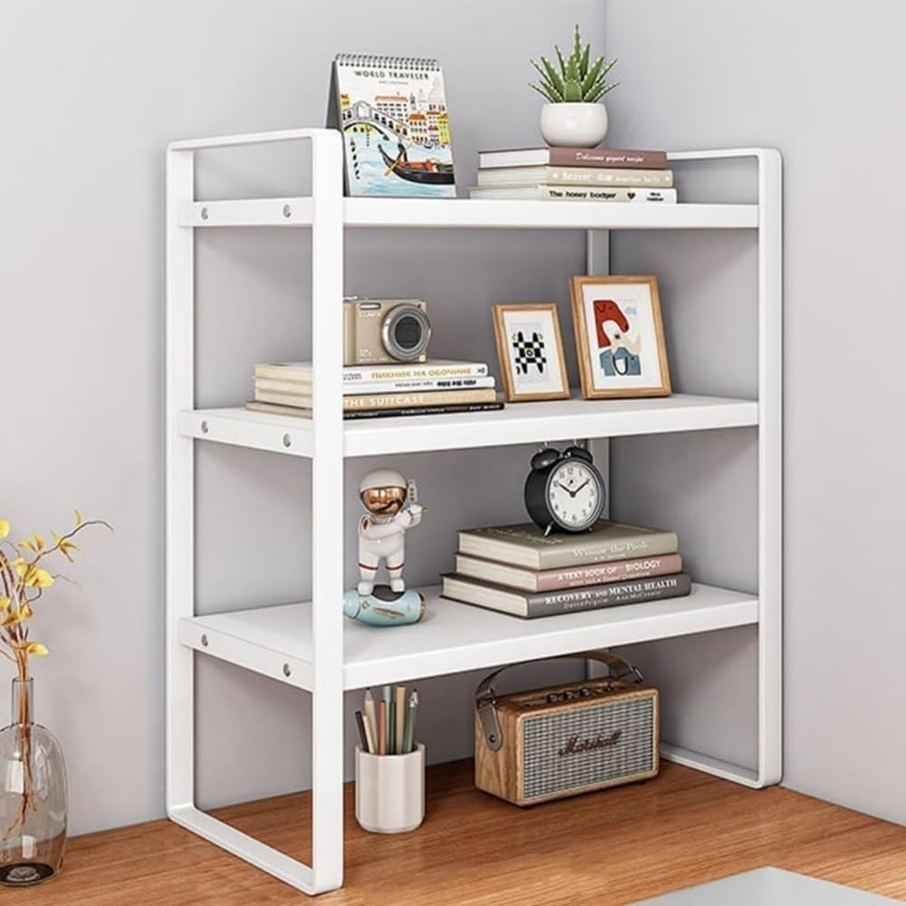 小型簡易デスクトップ本棚 鉄製置物台 寝室リビングテーブル上収納ラック オフィス書類整理棚 (長さ30cm,ホワイトフレーム+ホワイ