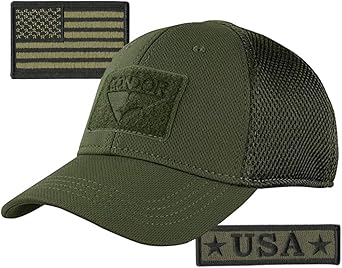Condor MESH Fitted Tactical Cap Bundle - U.S.A. & USA Flag Patch - Choose Size