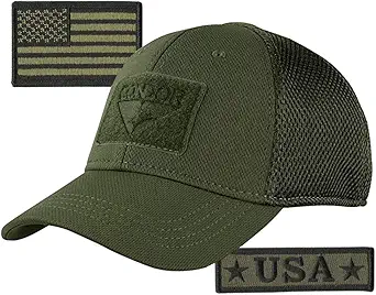 Condor MESH Fitted Tactical Cap Bundle - U.S.A. & USA Flag Patch - Choose Size