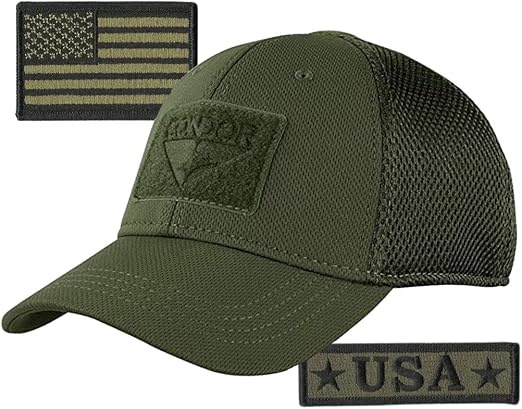 Condor MESH Fitted Tactical Cap Bundle - U.S.A. & USA Flag Patch - Choose Size