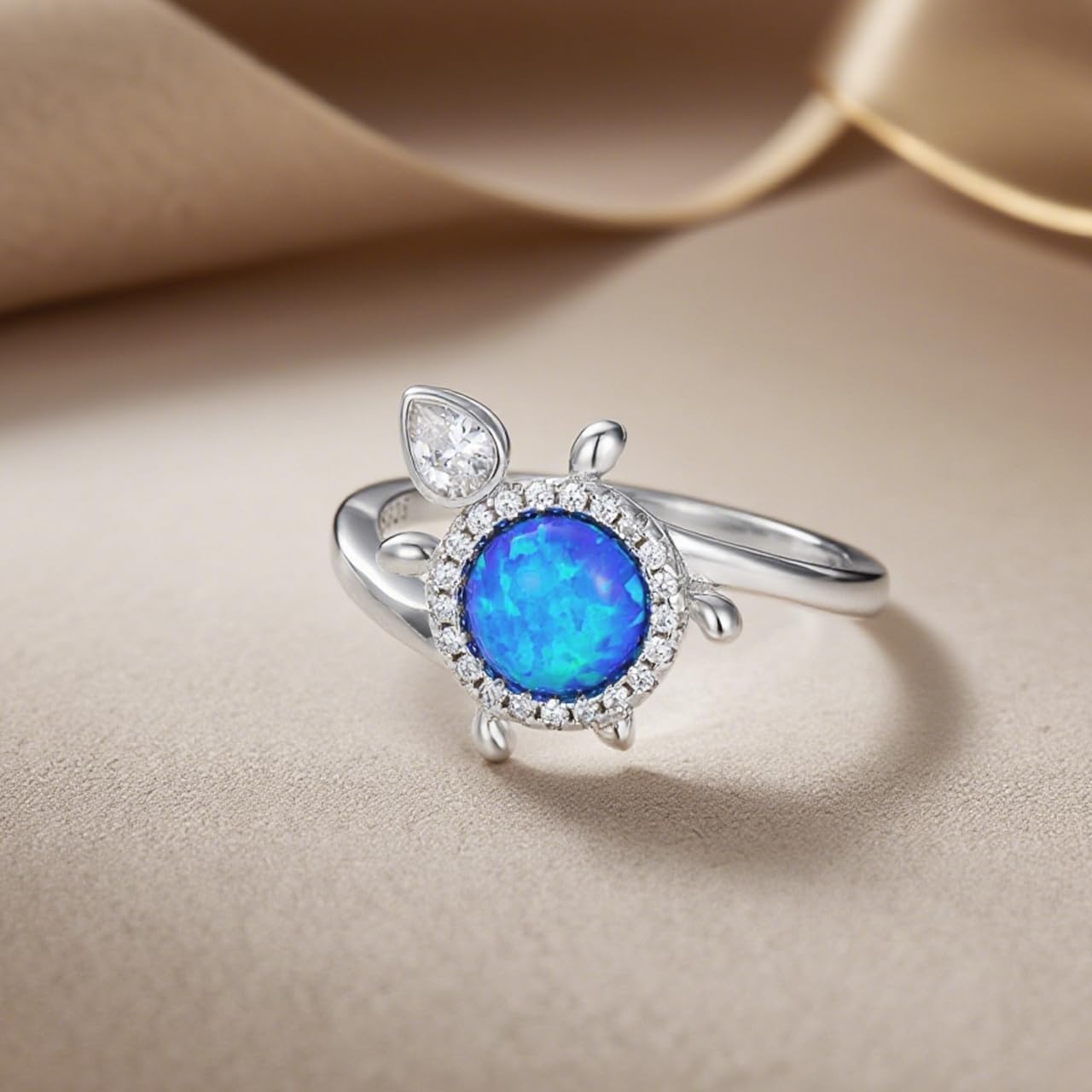 925 Sterling Silver Created Blue Opal Rings Cute Sea Turtles Ring with CZ for Women Ocean Style Jewelry for Her