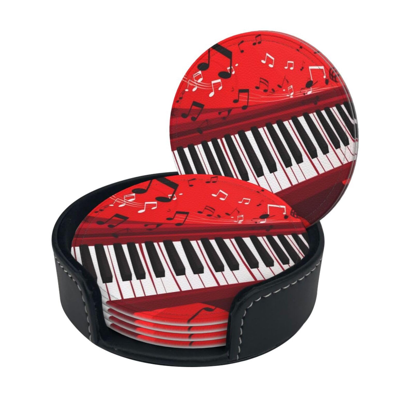 Smazdfxx Women's As Pic Stylish Coasters - Music Note Piano Set Of 6 Round Leather Drink Coasters With Holder - Perfect Size For Cups And Glasses
