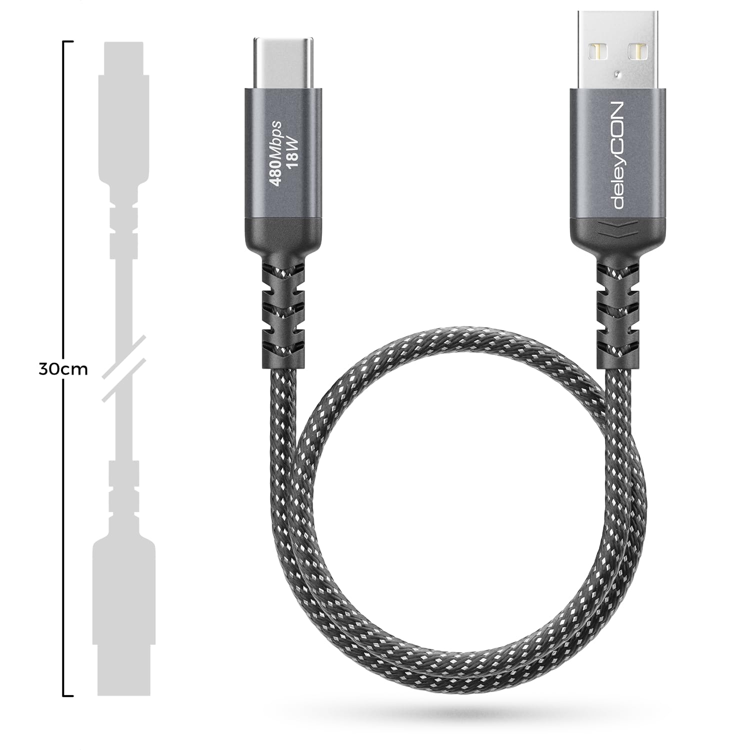 deleyCON 0,30m Cavo USB-A a USB-C Corto Cavo di Ricarica e Dati per iPhone 17 15 16 Pro Max Air Galaxy A16 A56 S25 S24 S23 Pixel iPad Pro Air Tablet AirPods Notebook Switch PS5