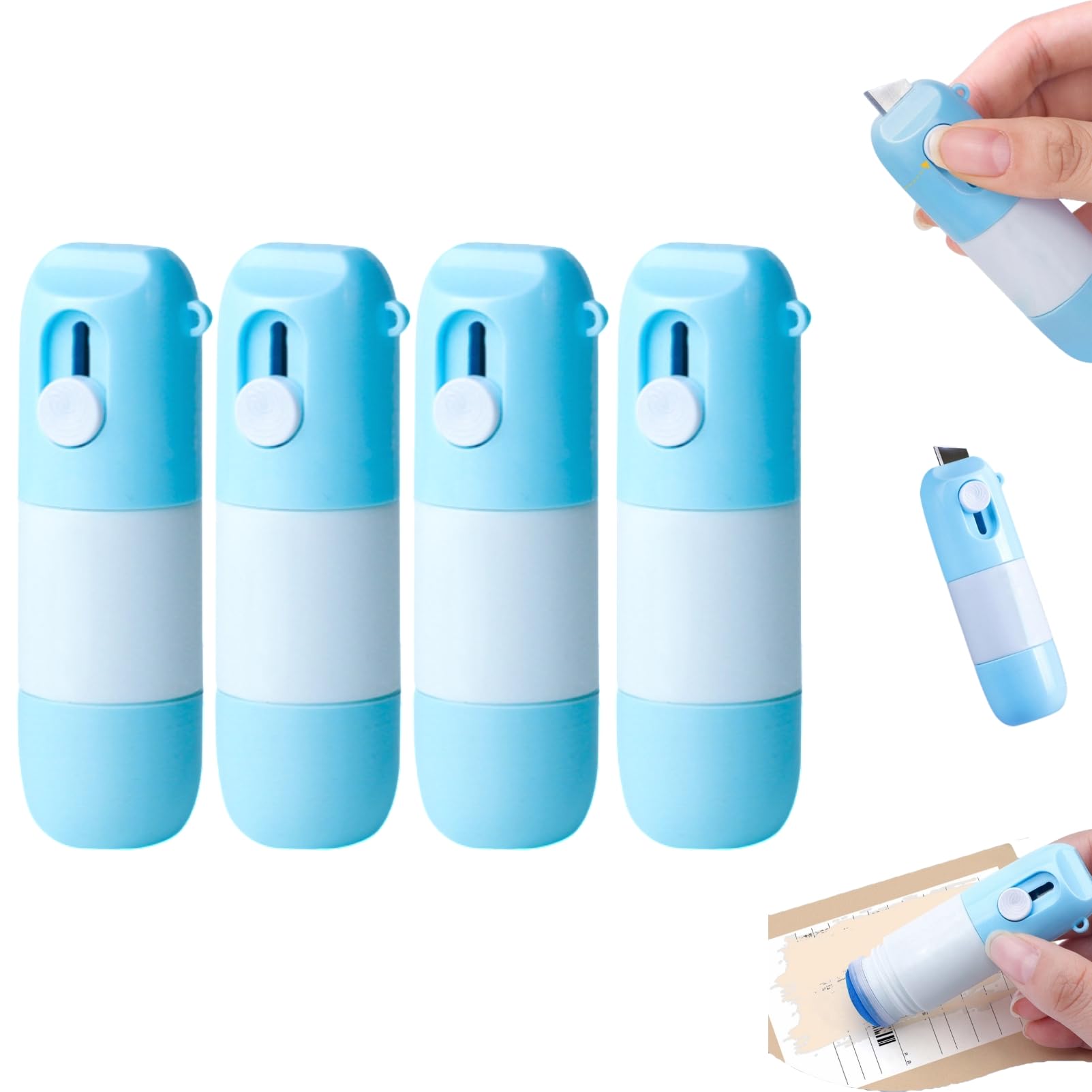 2-in-1 Thermal Paper Eraser and Box Cutter,2-in-1 Box Cutter & Thermal Paper Eraser Pen with 10ml Erasers,Privacy Wipe Box Cutters,One Smear Printed Text Covering for Labels,Addresses (Blue-4pcs)