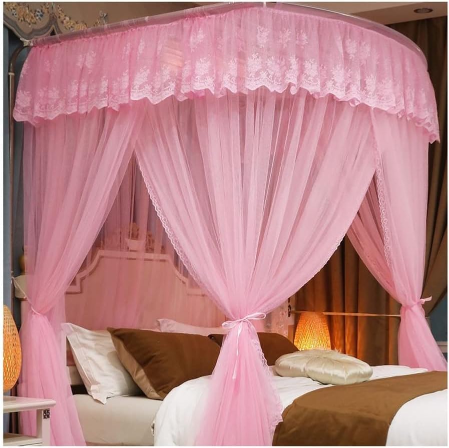 Rideaux de lit romantiques et moustiquaire rose 180x200 pour chambre parentale