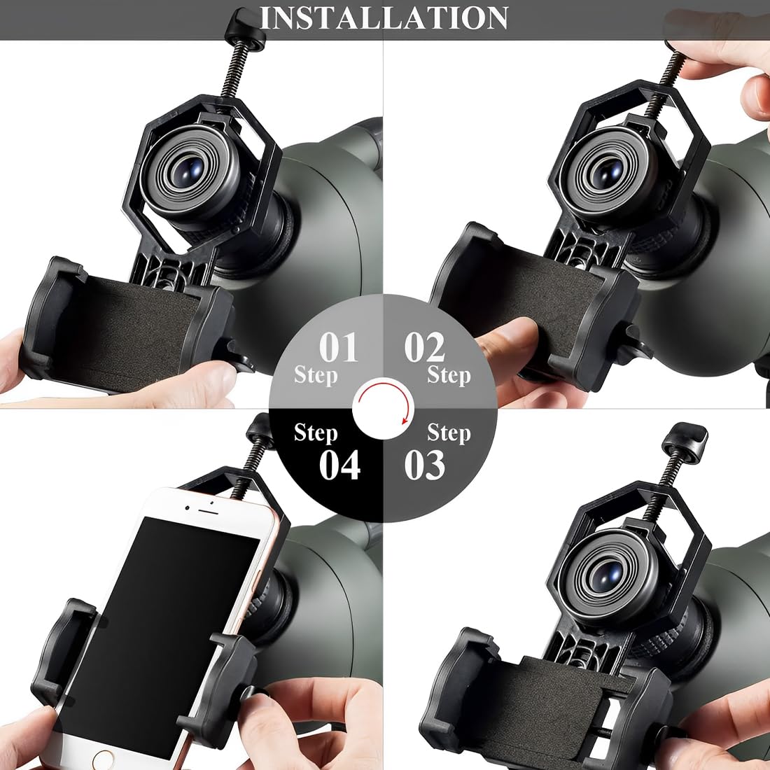 Smartphone Adaptateur Universel Digiscoping Adapter Rotatif 360° pour Jumelles, Monoculaire, Trépied, Microscope et Télescope Astronomique, pour iPhone, Samsung, Moto