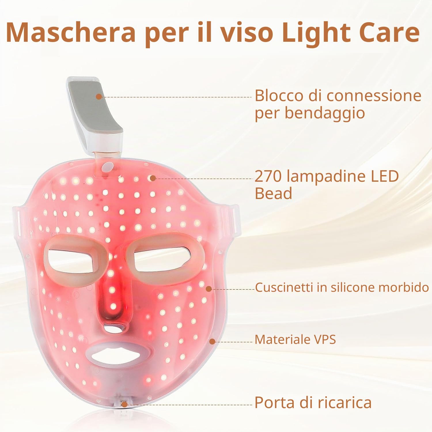 Maschera per terapia con luce rossa a LED, dispositivo per terapia con luce a fotoni infrarossi per il trattamento dell'acne, rassodamento della pelle, anti-età, levigazione di rughe e linee sottili