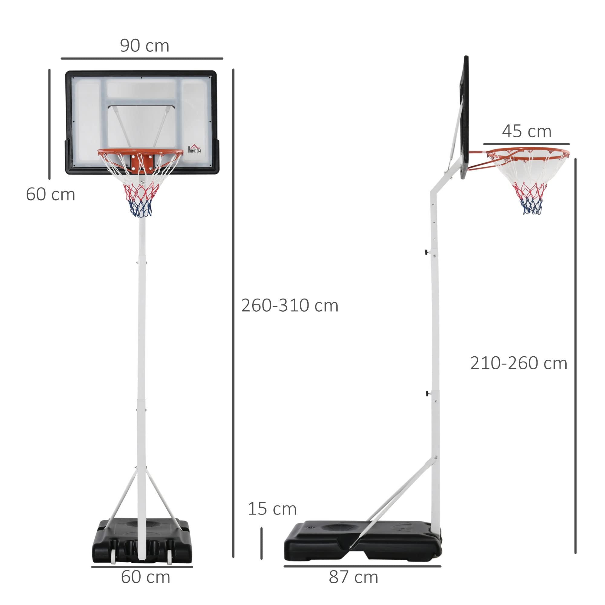 HOMCOM Canestro da Basket per Adulti con Ruote, Regolabile in Altezza 260-310 cm, Canestro Basket da Esterno e Interno con Tabellone e Supporto in Plastica, Bianco