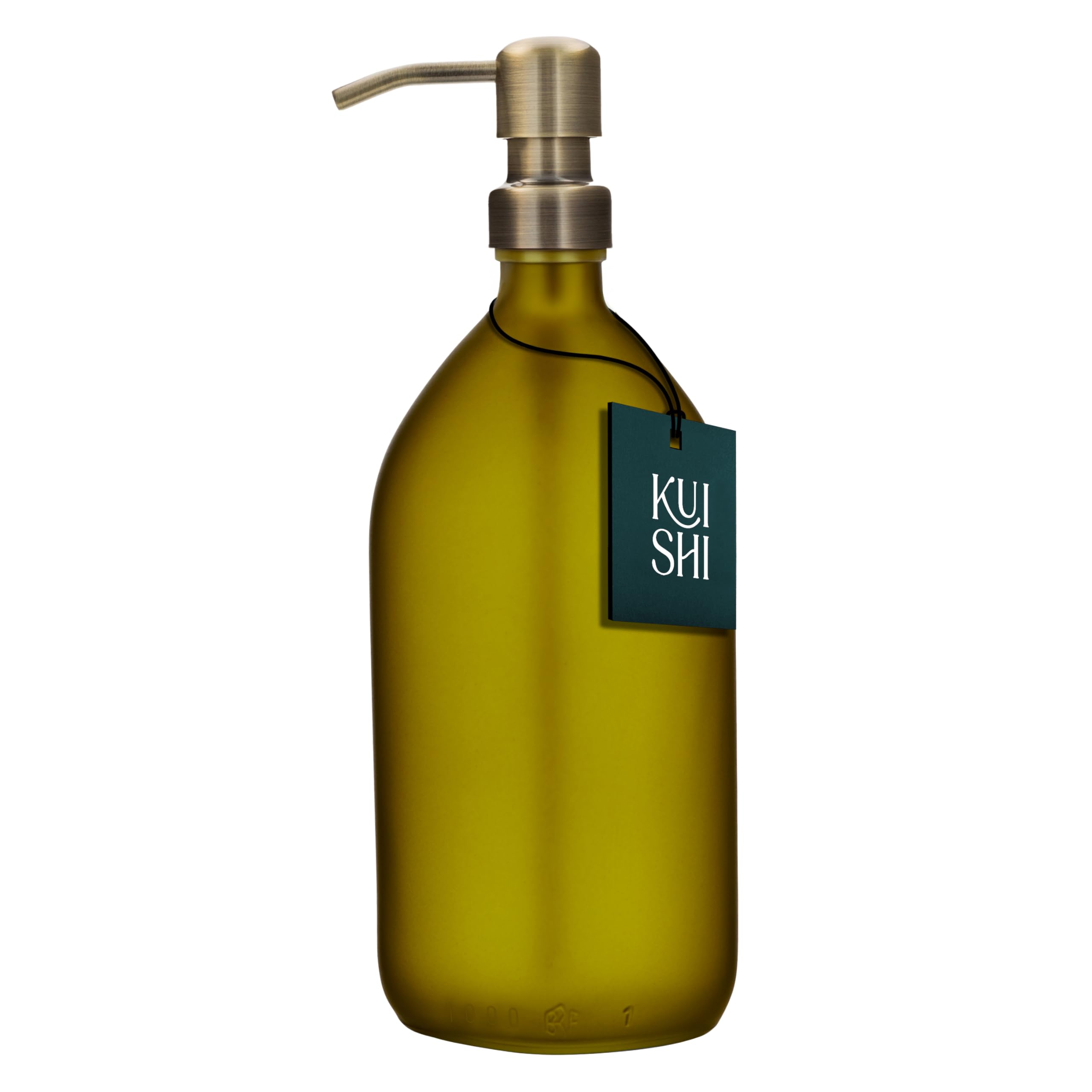 Kuishi 1000ml Green Matte Glass Soap Dispenser with Gold Stainless Steel Pump – Refillable BPA-Free Shampoo and Conditioner Dispenser - Hand Soap Bottle for Kitchen & Bathroom