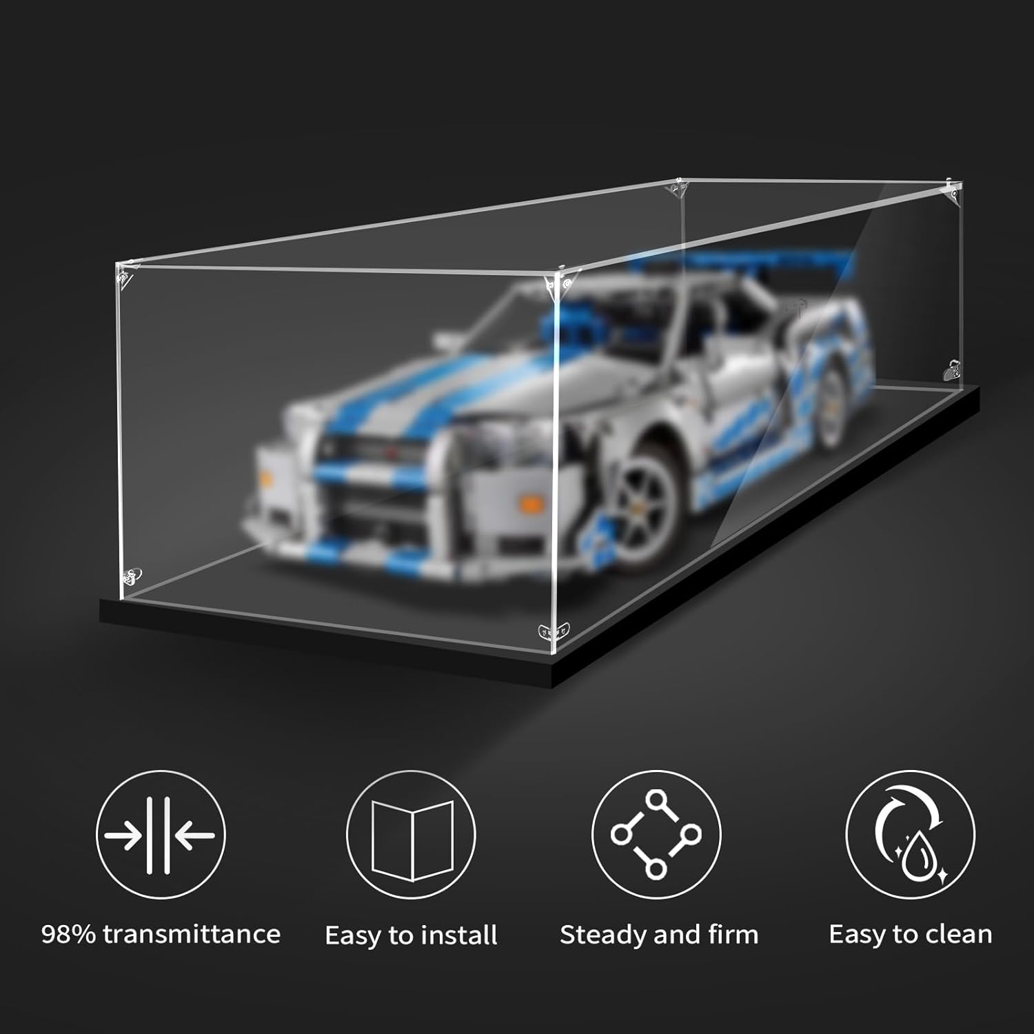 Display Case for Lego 42154 Ford GT, 42210 Nissan Skyline GT-R (R34), 42214 Lamborghini Revuelto or 42176 Porsche GT4 e-Performance, 16.53x9.44x5.9inches (42x24x15cm)
