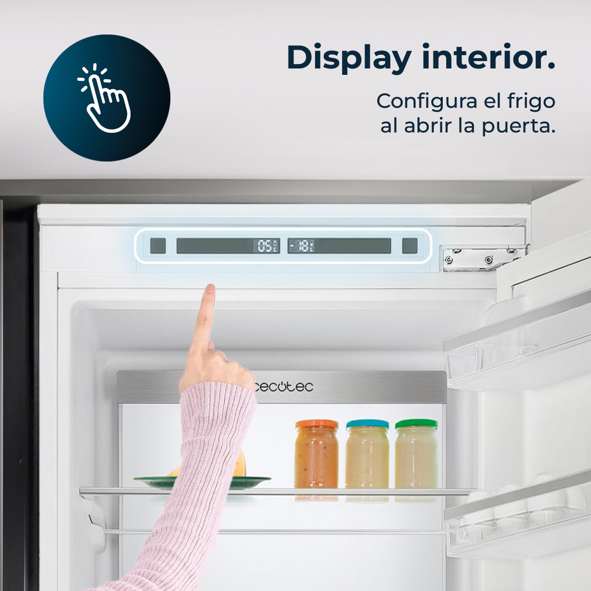 Cecotec Lodówka kombi do zabudowy, na stałe drzwi, 267 l, Bolero CoolMarket Combi BI-D FLW 267 E, wysokość 193,7 cm i szerokość 54 cm, Total No Frost, kompresor inwerterowy i ściana Full LED, niskie