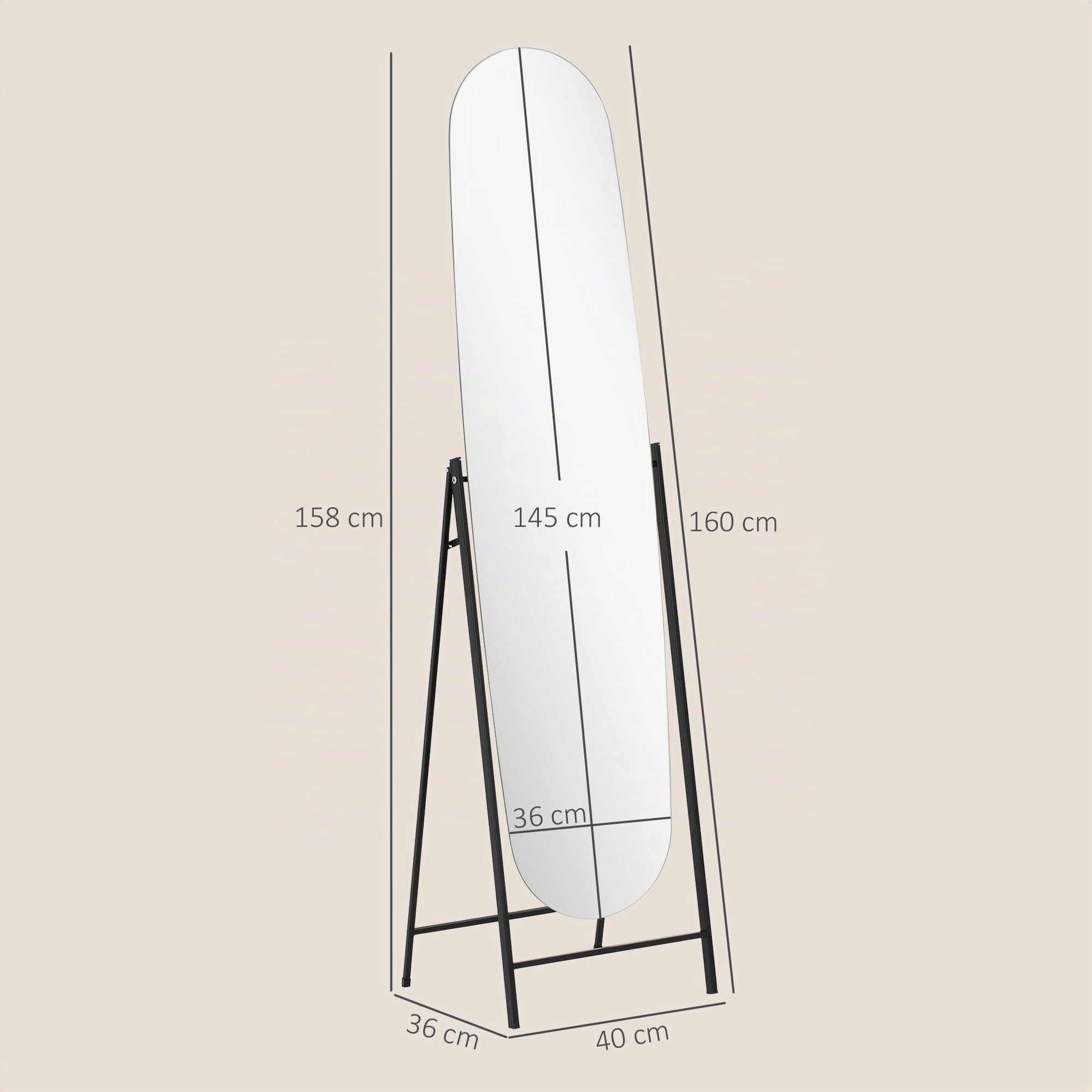 HOMCOM Espejo de Cuerpo Entero Arqueado 160x40 cm Espejo de Pie Negro | Apoyado en la Pared, sin Marco, Soporte de Metal, para Salón, Dormitorio, Vestidor y Entrada