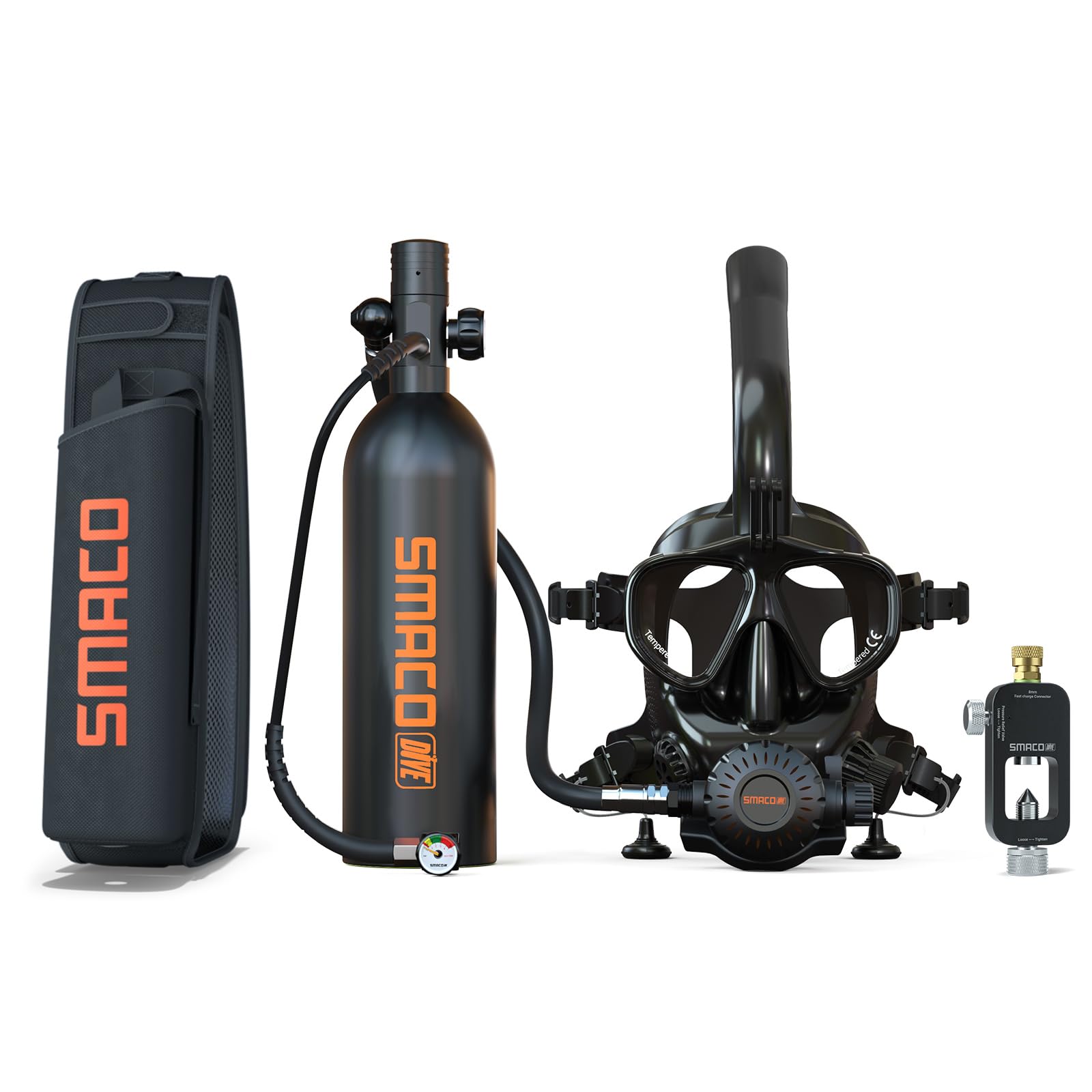 SMACO Mini Scuba Tank with Snorkel Mask, Lung Air Tank Sub Mask 1L Portable Small Diving Tank with Full Face Diving Mask Reusable Pony Bottle for Snorkeling Underwater Exploration Rescue S400Pro