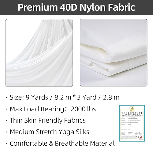 Miniatura 57 de PRIOR FITNESS Kit de seda aérea, colorido juego de hamaca de tela de nailon 40D de 9/15/20 yardas con herramientas y guía para todos los niveles