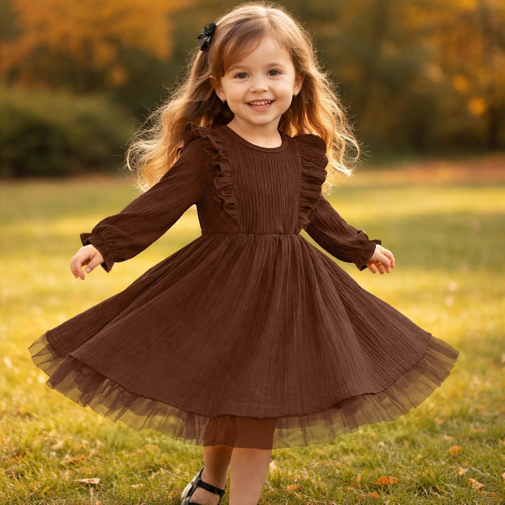 Toddler Girl Dress Fall Ruffle Long Sleeve Baby Girl Solid Color Casual Dresses 2-6Y - Image 3