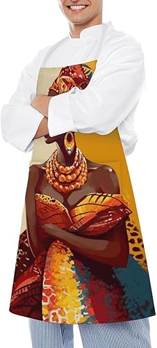 Miniatura 4 de MUSM Apron for Adults - 27.6 X 31.5 Inch, Heavy-Duty Polyester Aprons with Two Large Pockets, Waterproof Traditional African Girl Painting Kitchen