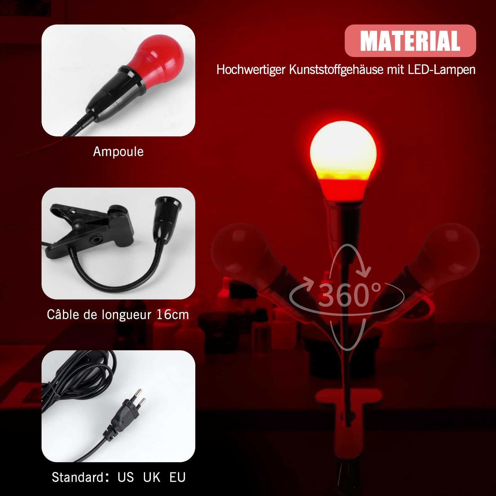 eTone Dunkelkammer SafeLight, Rote LED-Schreibtischlampe mit Clip, 360 Grad einstellbar, geeignet für Die Verarbeitung Von S/W-Film und S/W-Druckpapier (5W)