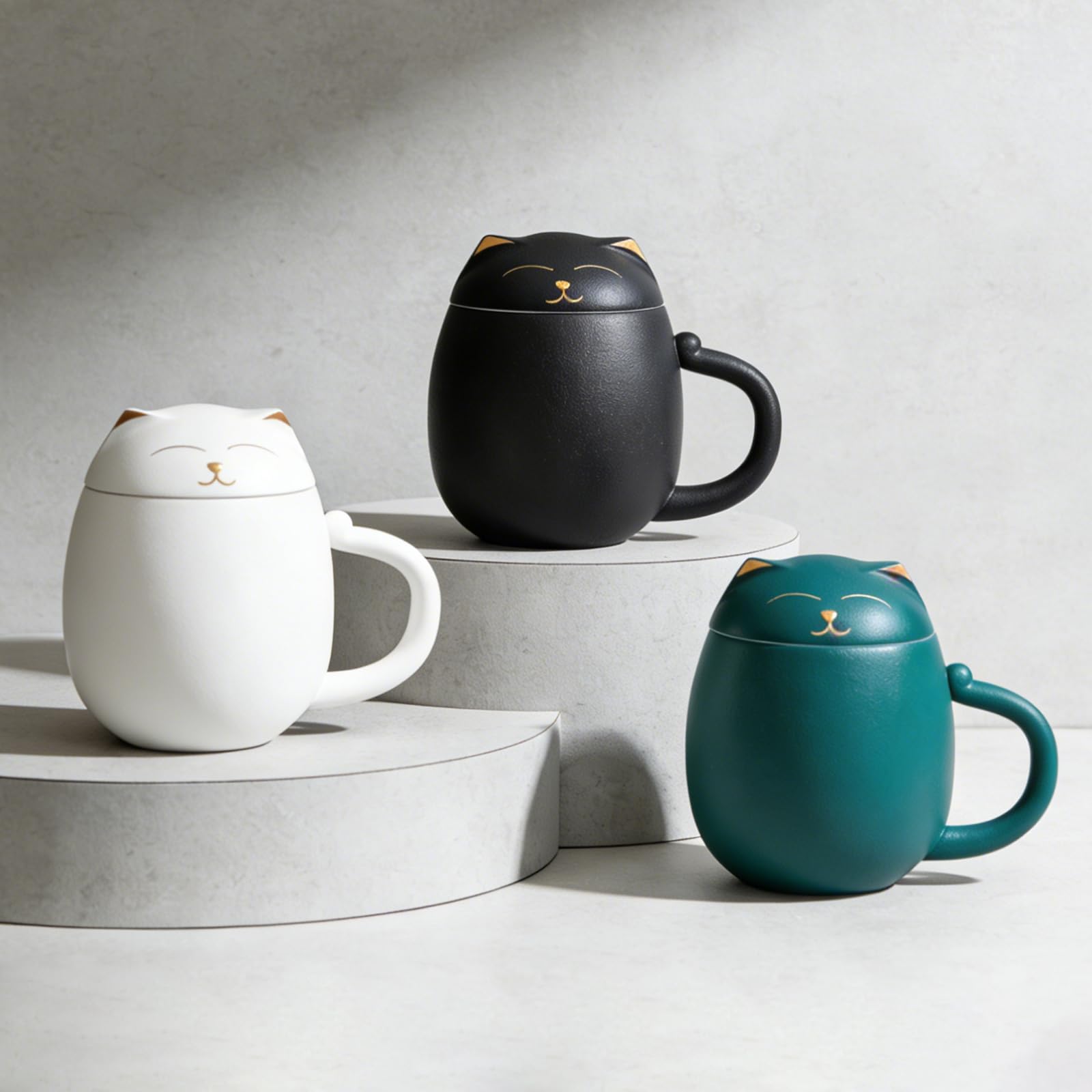 HEER Tasse à thé en céramique avec infuseur et couvercle, tasse à thé en forme de chat mignon avec filtre pour infuser les feuilles en vrac, tasse à thé chinoise faite à la main pour la maison et le