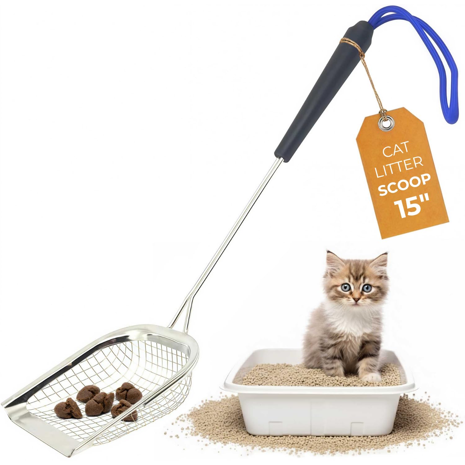 Metal Cat Litter Scoop – Long Handle Cat Poop Scooper for Litter Box (15”), Heavy-Duty Stainless Steel Kitty Litter Scoop (Scoop)