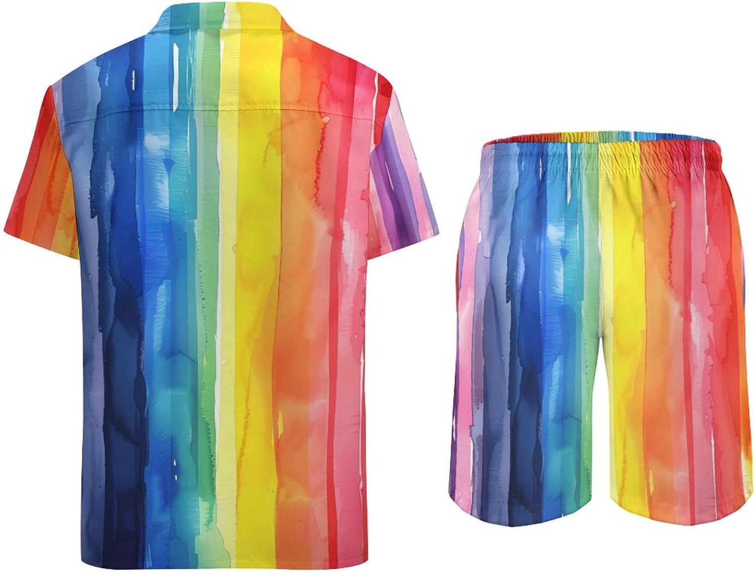Watercolor Rainbow Stripes Men's Summer Beach Outfits Shirt And Shorts Set 2 Piece Vacation Swimwear