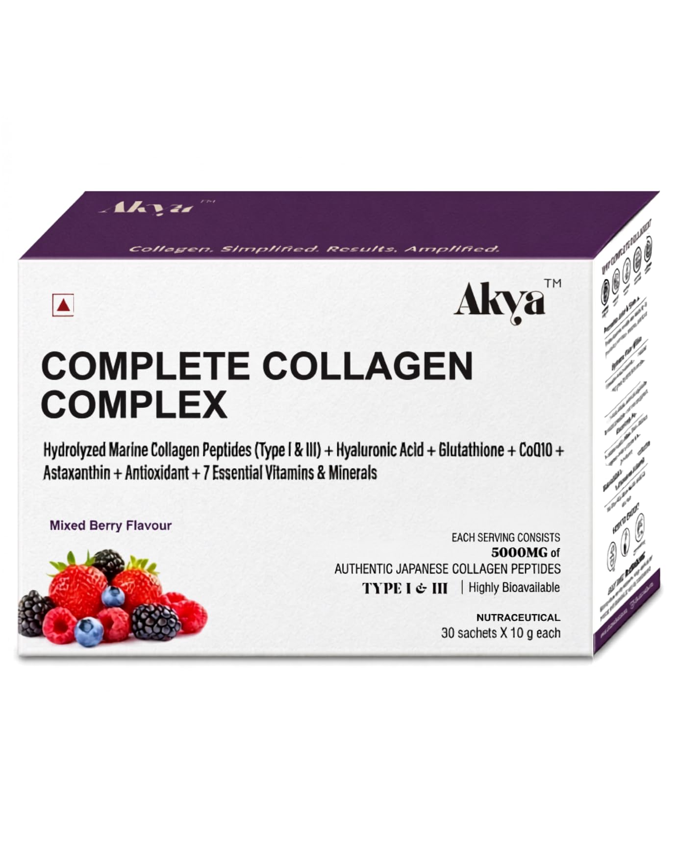 AKYA Complete Collagen powder, Anti-Aging Skin Glow Supplement | 5000mg Japanese Marine Collagen peptides for Women & Men | Glutathione, CoQ10, Astaxanthin & Hyaluronic Acid | Sugar-Free Mixed Berry, 30 Sachets