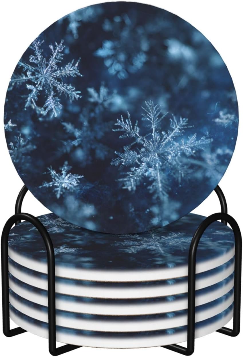 (Snowflakes) Ceramic Coasters Set of 6 with Holder Non-Slip Round Coffee Coasters for for Cup Mug Drink Patio Coffee Table Decor, Christmas Coasters Home Bar Supplies