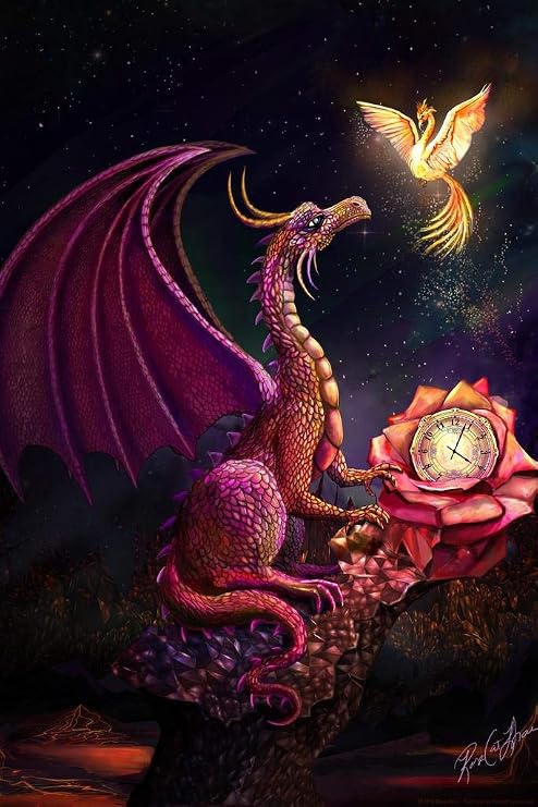 Red Time Dragon with Phoenix Friend by Rose Khan Cool Wall Art Print Poster 24x36