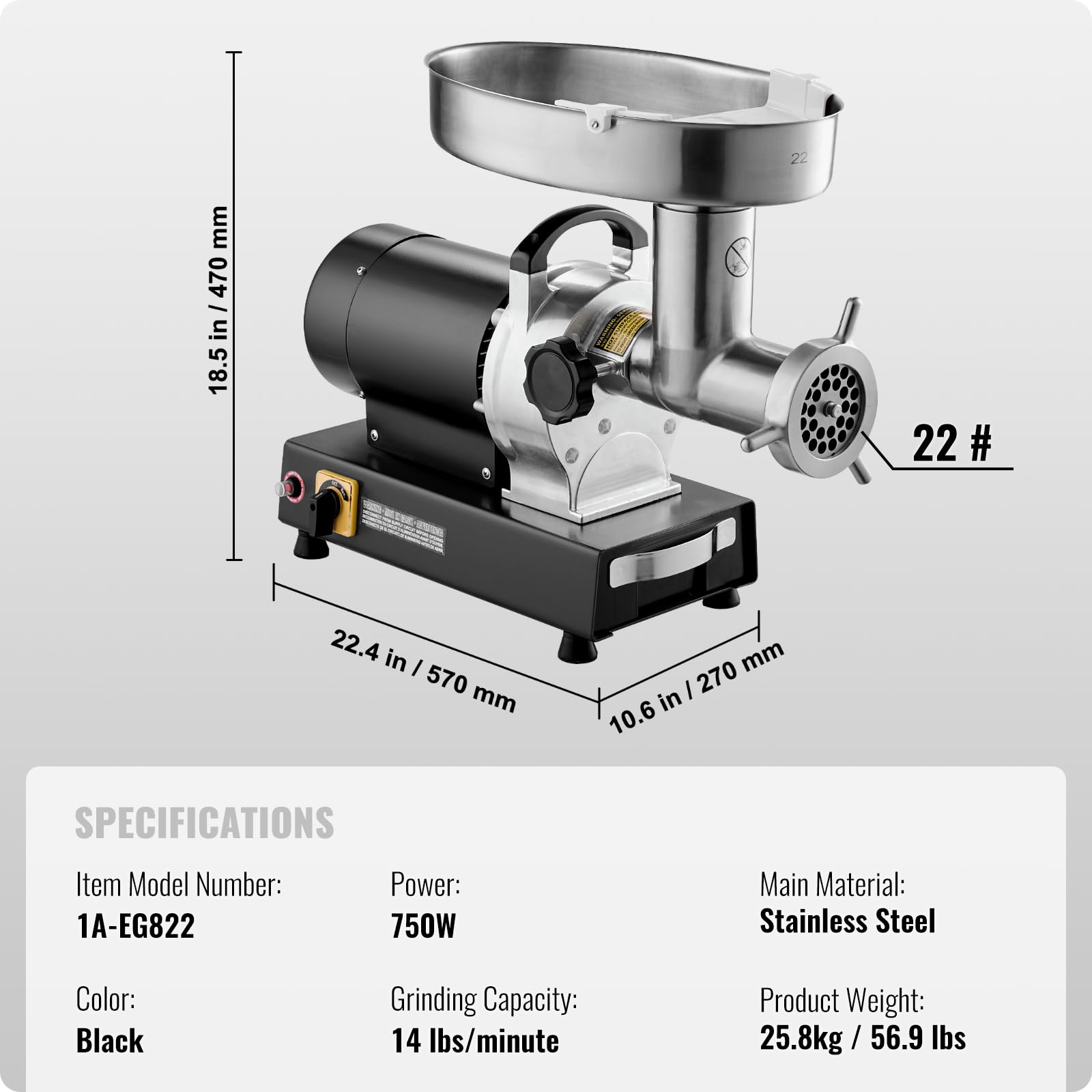 VEVOR Tritacarne Elettrico, Capacità 6,35 kg/min Tritacarne Industriale da Banco con Lama, Piastra di Macinazione, Macchina per Salsicce, Tritacarne Commerciale in Acciaio Inossidabile per Cucina