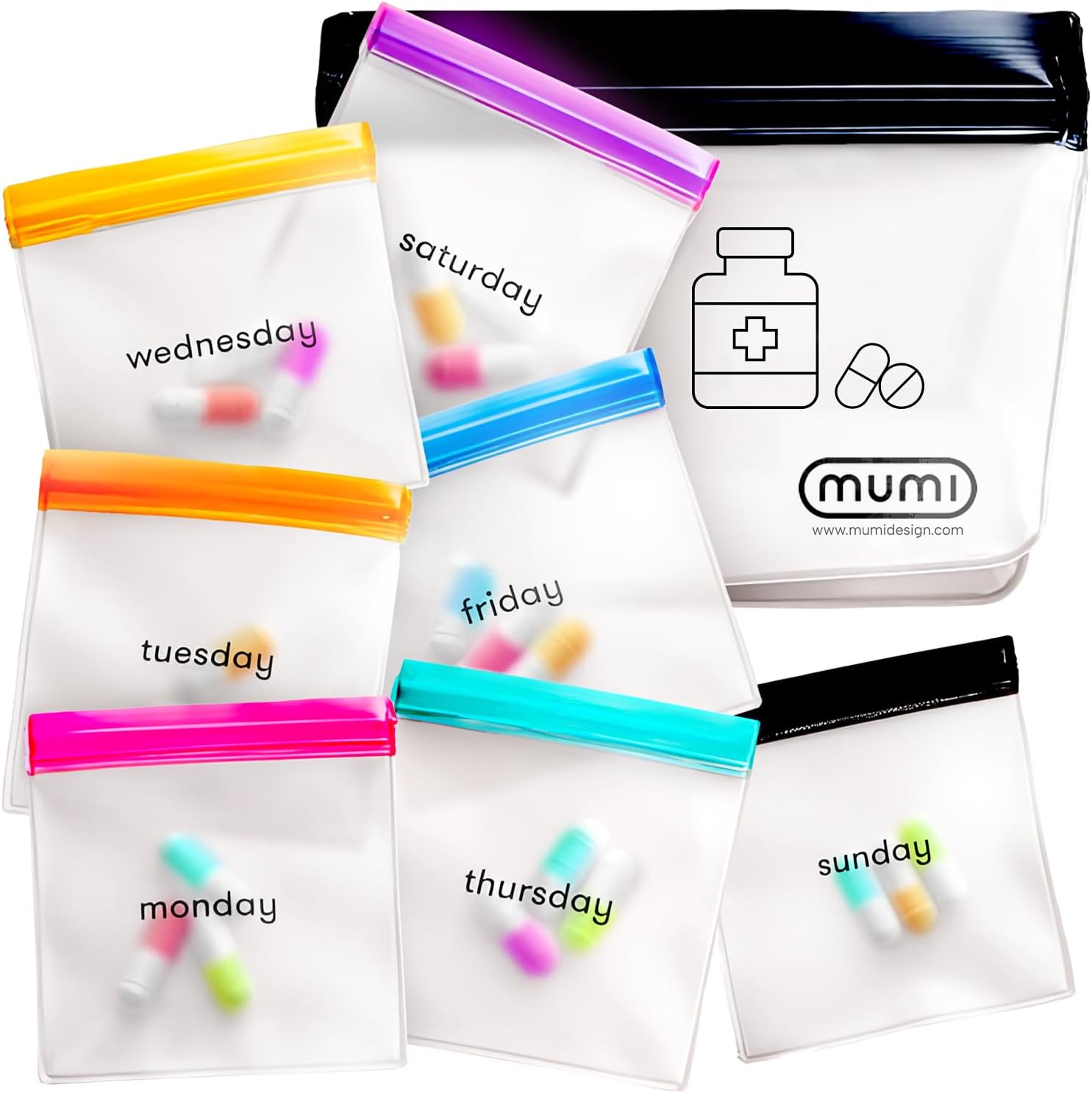 Mumi Mini Zip Pouch Set | 7 Reusable Zipper Pouches | Accessory Organizer | Writable Labels and Color Coded Containers | Small Pouch Size: 3 x 3 Inches