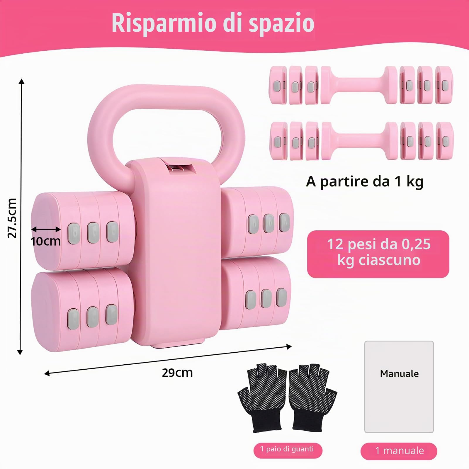 Set Kettlebell Regolabile, Pesetti Manubri Palestra per Donne, (2 in 1) Rosa Kettlebell Pesi Regolabili Manubri 1 kg per Donne – Kit Palestra Casa e Allenamento