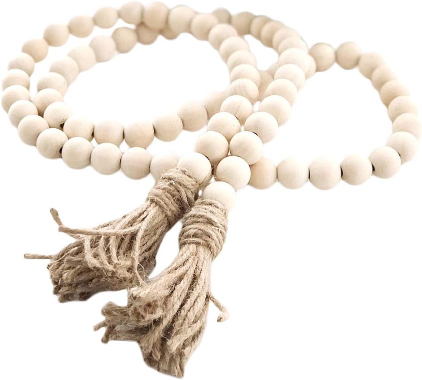VOSAREAWood Bead Garland with Tassels Farmhouse Beads Rustic Country Decor
