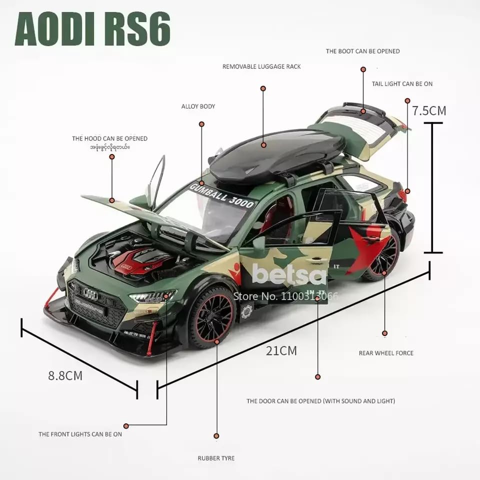 Image of Audi RS6 DTM Modified 1:24 Diecast Scale Model, Pull Back Toy Car for Kids, Openable Doors, Light & Music Features, Toy Vehicle for Boys and Girls (Green)