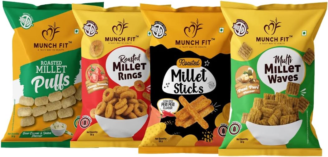 Munch Fit Roasted & Healthy Millet Snacks Combo of 4 Varieties | Tangy Tomato Rings | Cream & Onion Puffs | Peri Peri & Pani Puri | Gluten Free, Low Calorie, High Fibre, Ready to Eat Roasted Snacks