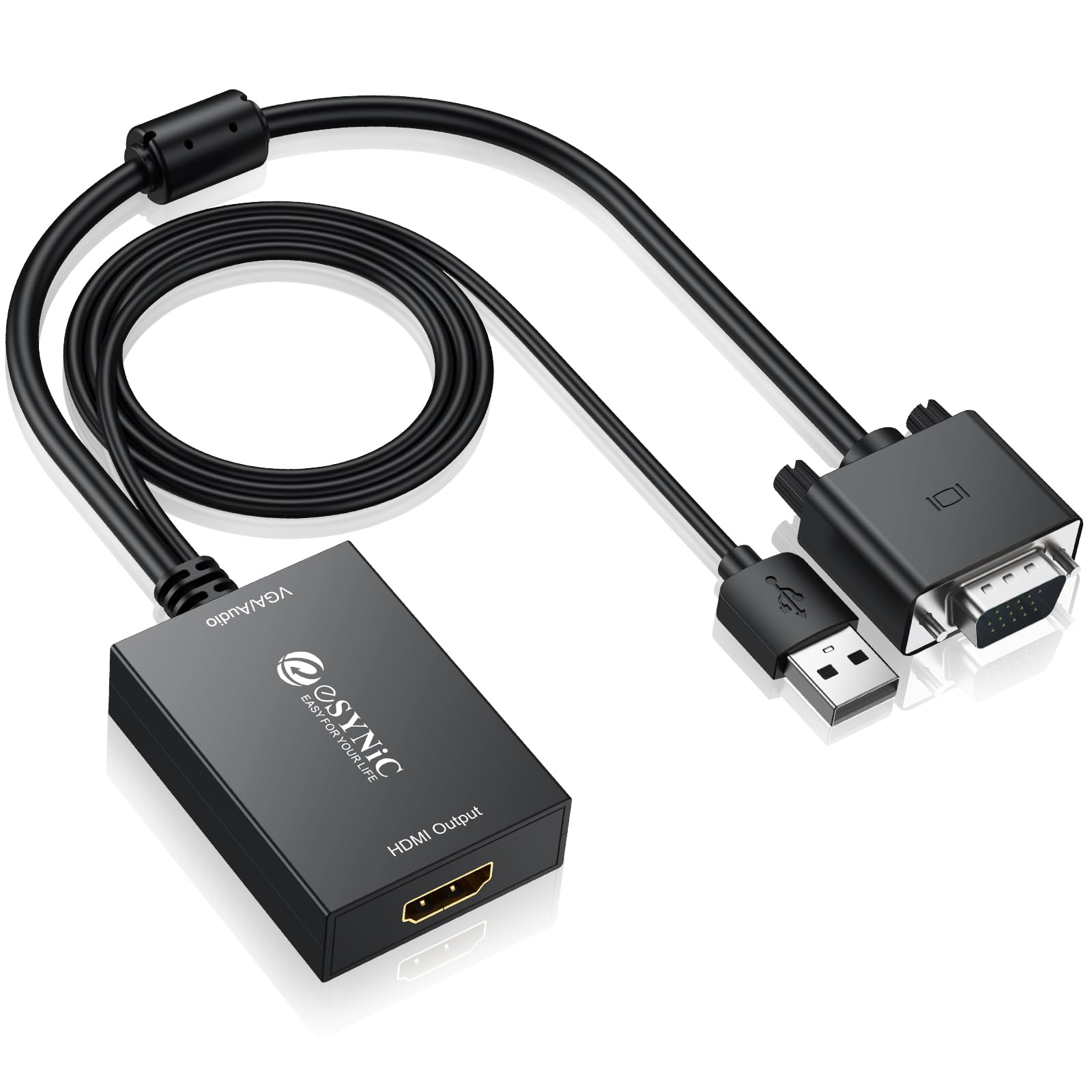 eSynic Adaptateur VGA vers HDMI 1080P Convertisseur VGA à HDMI avec Câble VGA 30cm Câble USB 1M Connecteur Plaqué Or