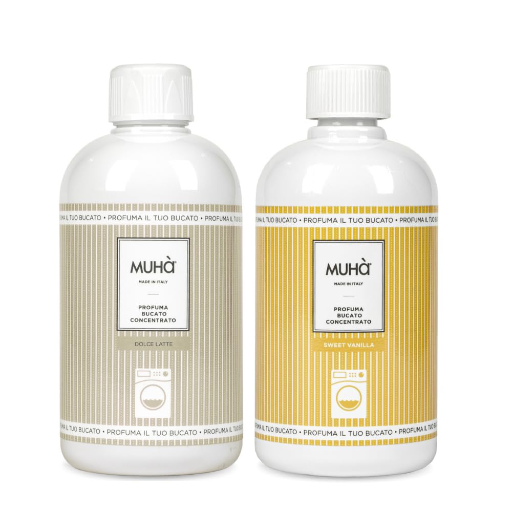 Set 2 Profumatori Concentrati per Bucato da 400ml - Fragranze Intense - Profumo Duraturo, Formato Grande, Uso Universale in Lavatrice (Dolce Latte + Sweet Vanilla)