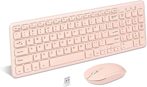 CHUYI Wireless Keyboard and Mouse Combo, Full-Size Cordless Keyboard and Silent Mouse with 1200 DPI for PC, Computer, Desktop, Laptop for Business Home Office Travel Pink