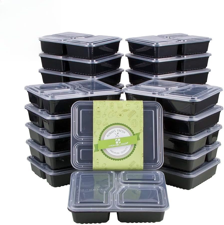 HOMELODY Food Containers with 3 Compartments 20-Pack Meal Prep Containers with Lids 1000ml BPA Free Reusable Bento Boxes Set Microwave Freezer Dishwasher Safe