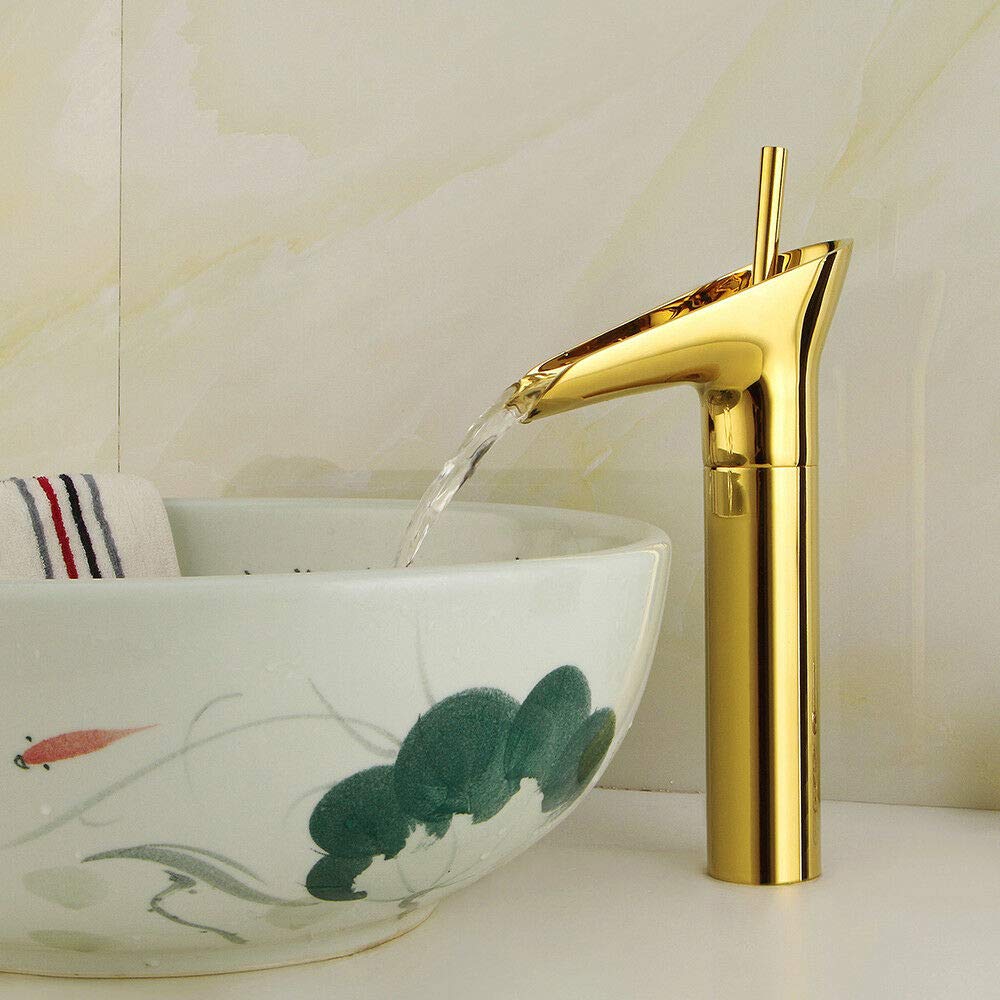 Rubinetto per lavabo a cascata, rubinetto da bagno, in ottone dorato.