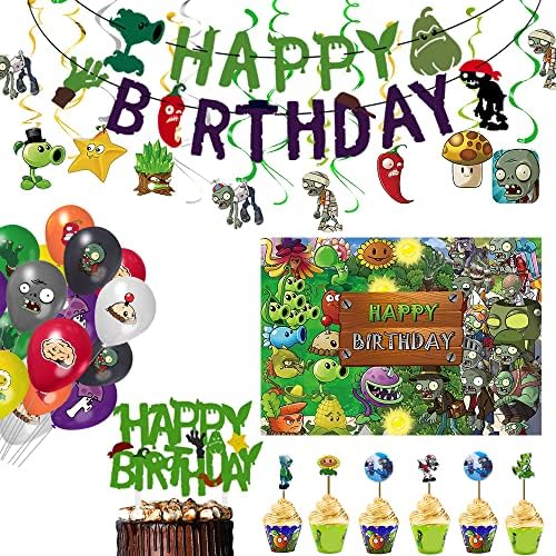 PVZ Game Plants Theme Zombies Party Decorations Set with Happy Birthday Banner,Backdrop, Cake Topper, Cupcake Topper, Cup Cake Wrappers, Zombies Hanging Swirls and PVSZ Balloons for PVSZ Party Supplies /Kids Room Decor Background
